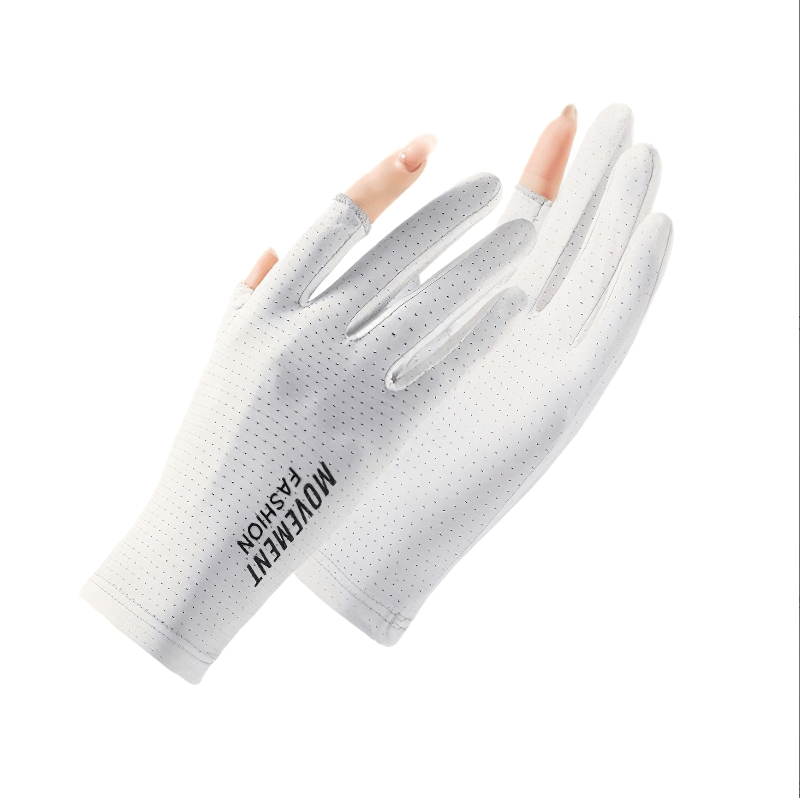 Women's anti-UV thin gloves for riding and driving, white with open two fingers, breathable and anti-slip, SF0858 model.